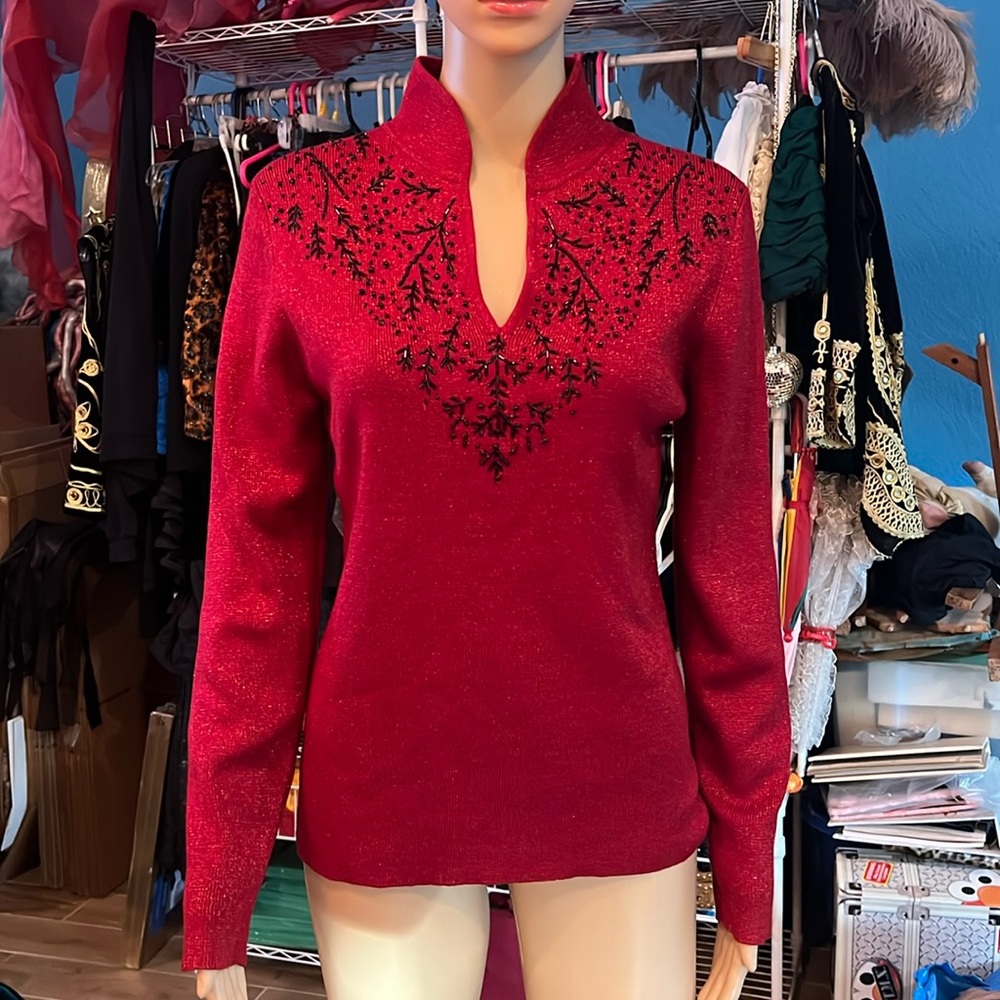 Red metallic knit sweater with black beaded embellishment size Medium